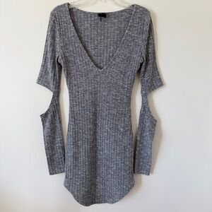 NUDE Gray Ribbed Elbow Cut Out Bodycon Mini Tight Dress Heather Grey